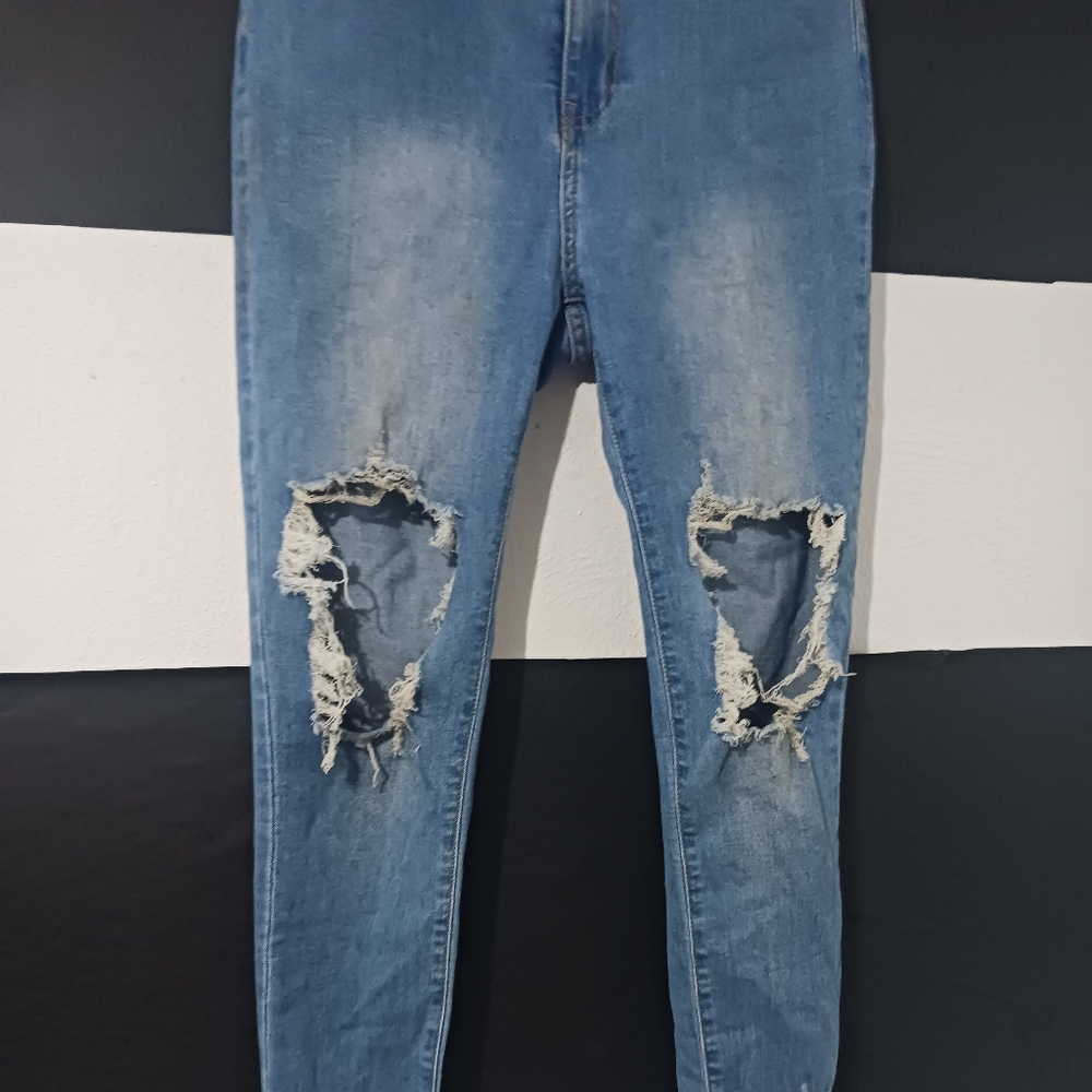 Shein Women light blue destroyed knee Fringe skinny jeans - Picture 5 of 12